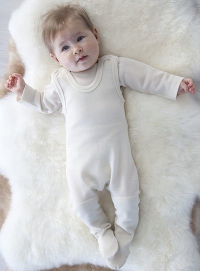 Organic merino wool baby rompers with feet